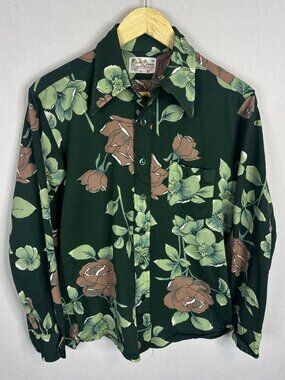 Vintage 70s The Dorce Disco Shirt Green Brown Floral Polyester Unisex Sz M
